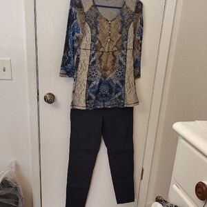 Blue and Brown Patterned Top, Blue And White Top, And Navy Blue Pants